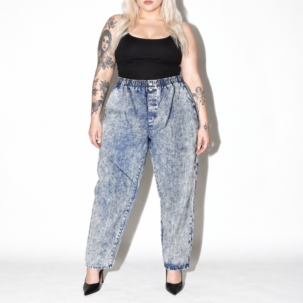 80s Vintage Acid Wash Denim Pants Womens 16 Elastic Waist Tapered Leg Lord Isaac